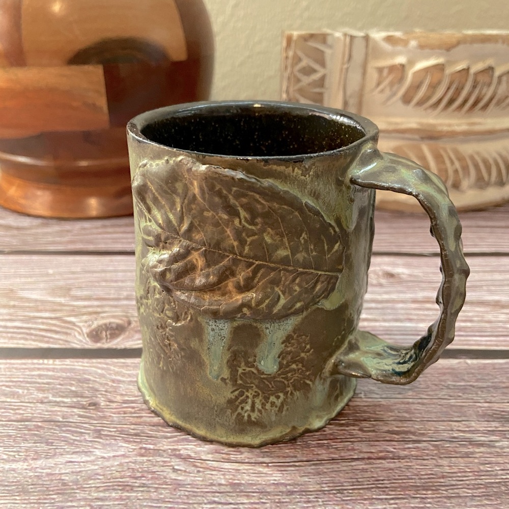 Artisan made Army/ Olive Green Mug w/ primitive texture & leaf application.